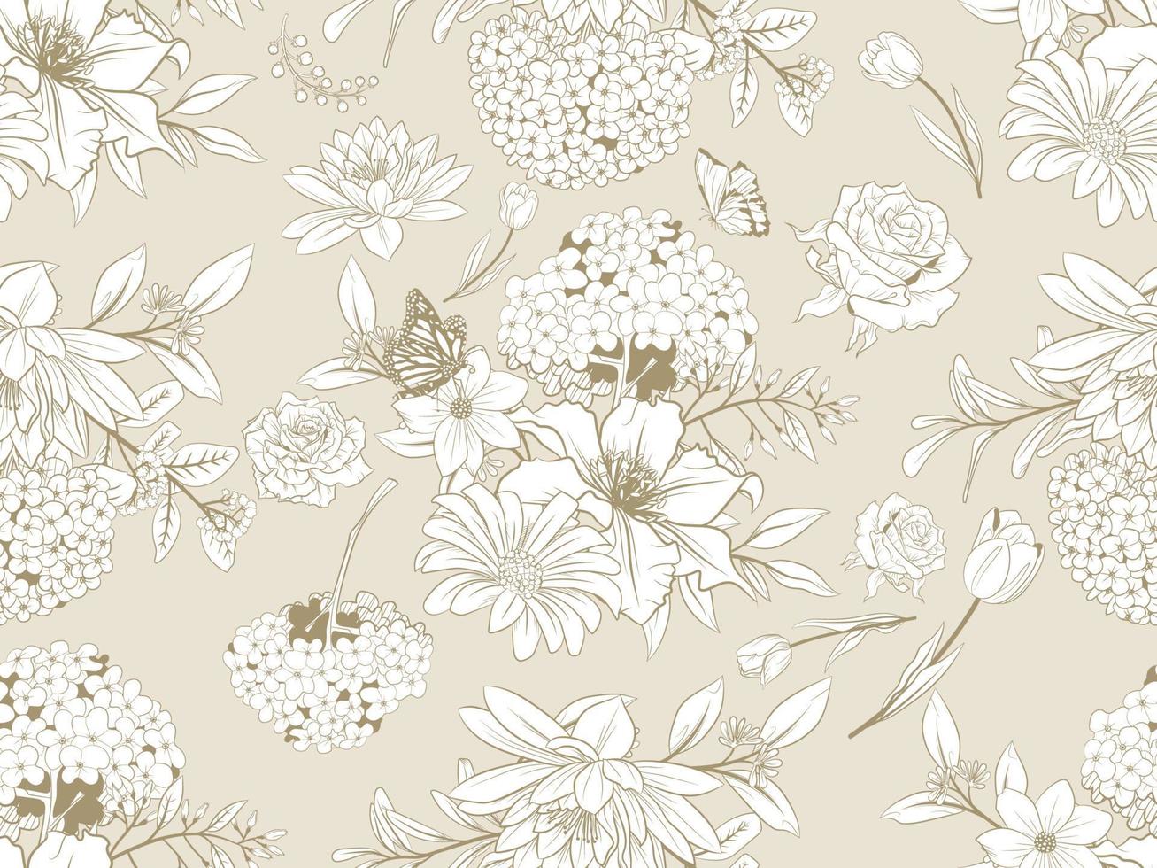 Elegant floral line art seamless pattern vector