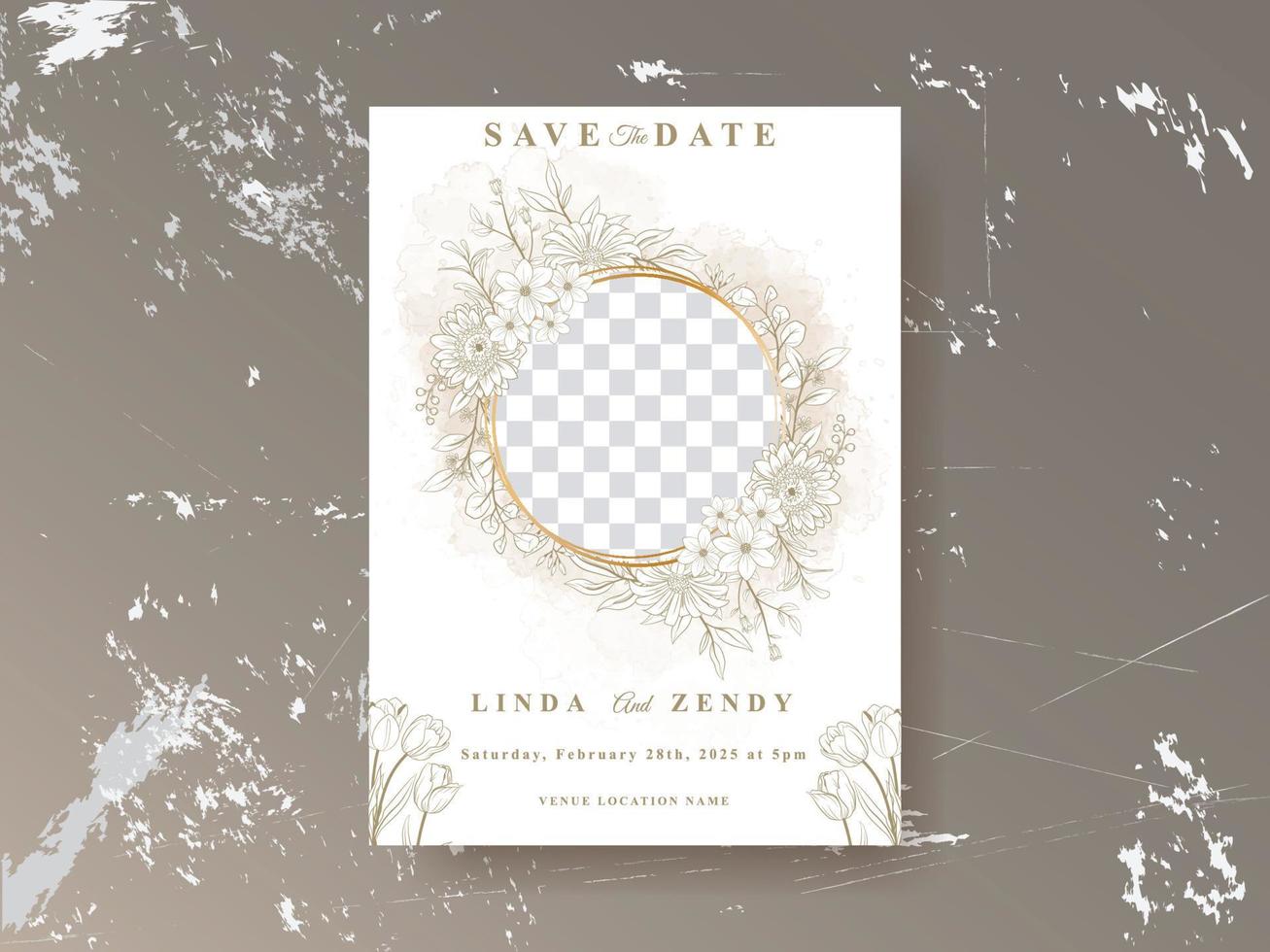 Elegant floral line art wedding invitation card template vector