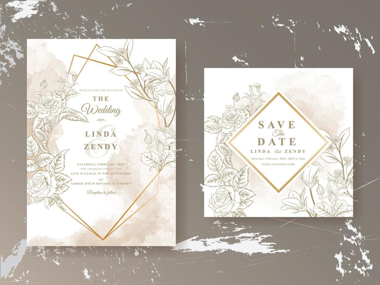 plantilla de tarjeta de invitación de boda de arte de línea floral elegante vector