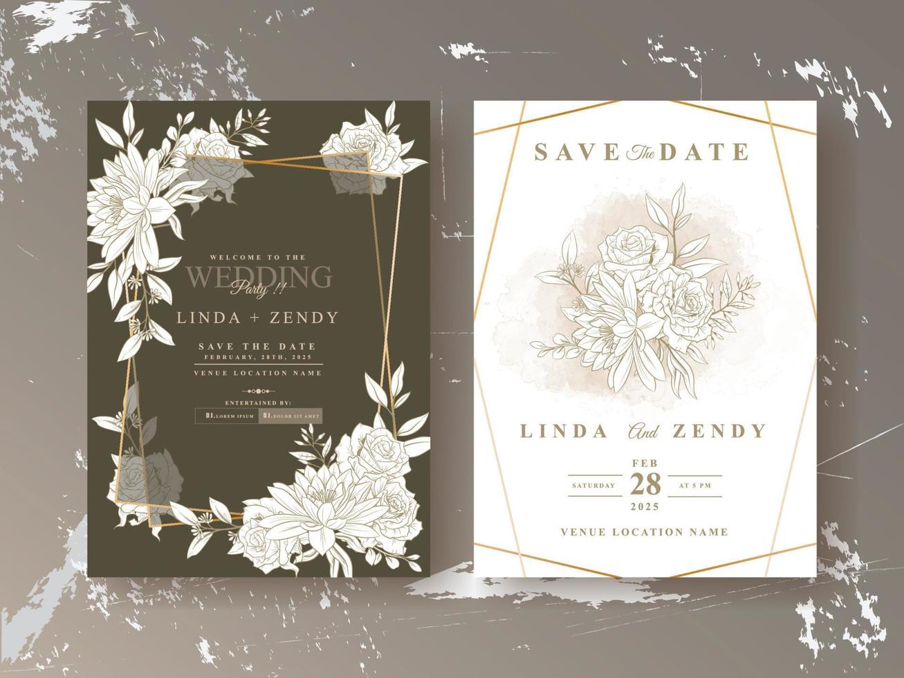 Elegant floral line art wedding invitation card template vector