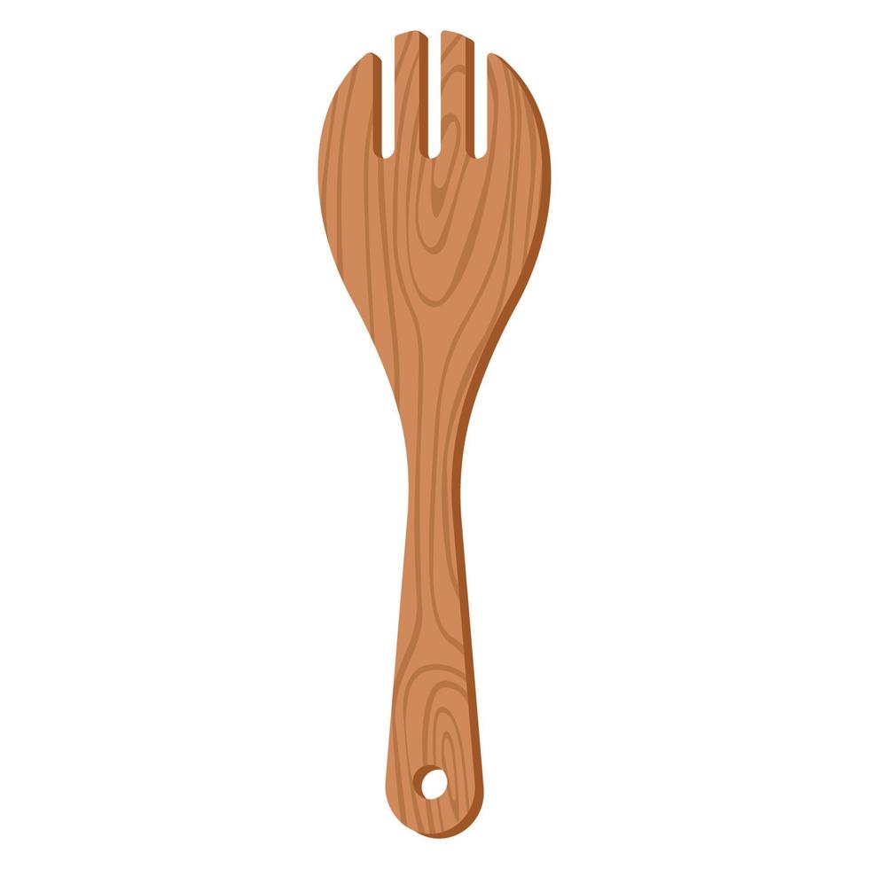 Cartoon nature wooden kitchenware utensil salad fork spatula with wood grain texture vector