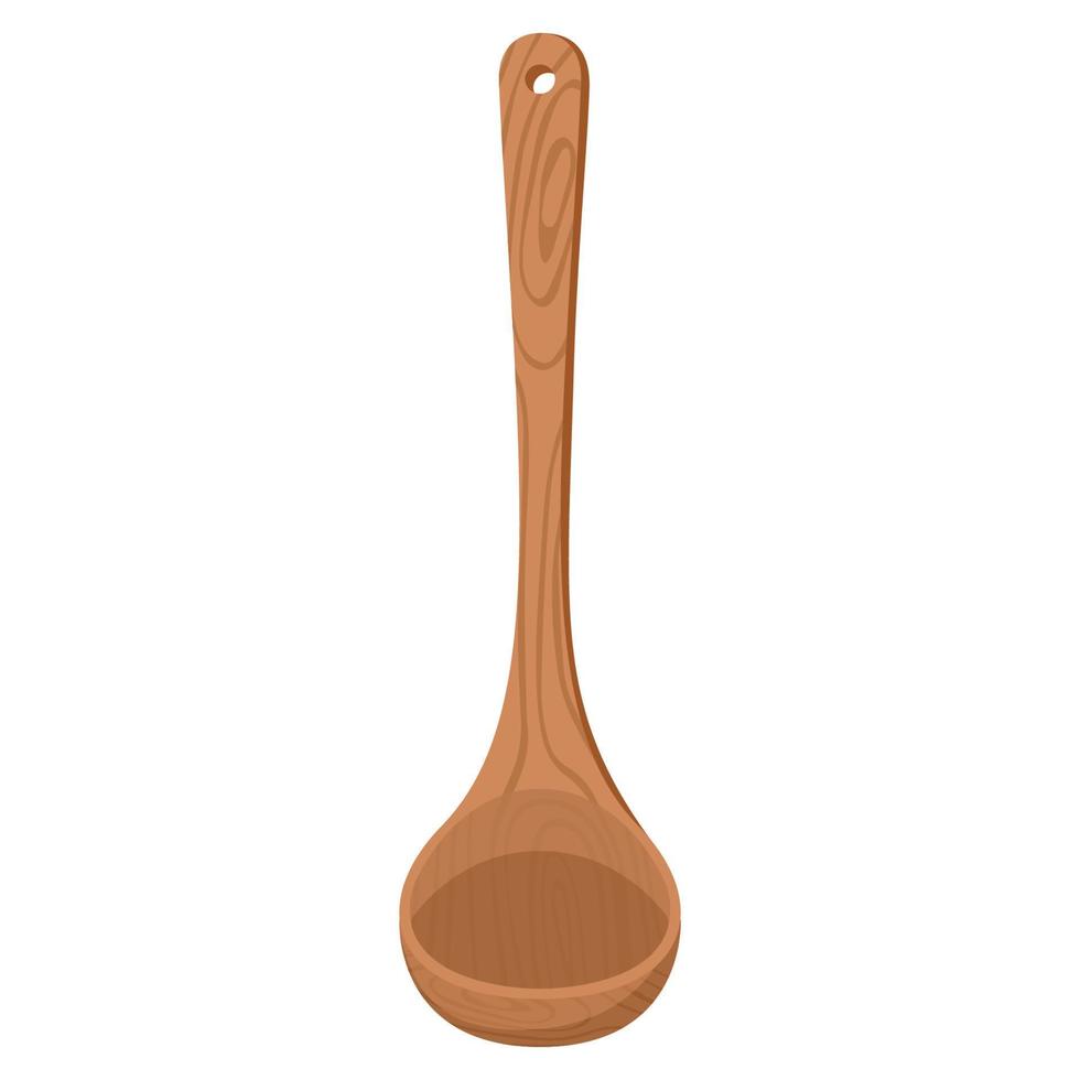 Cartoon nature wooden kitchenware utensil soup ladle with wood grain texture vector