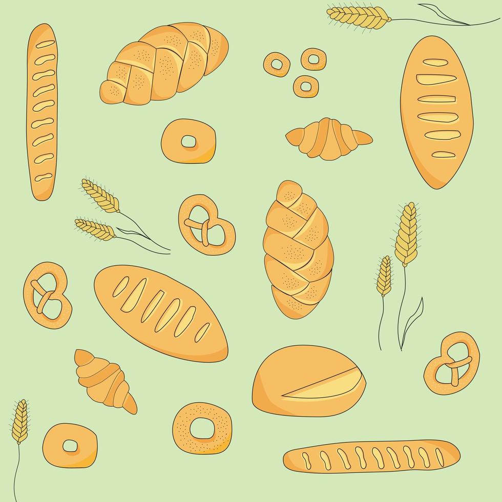 Bread baking on a green background, croissant, drying, cookies, long loaf, baguette, wheat, pretzel, donut, swiss braid vector