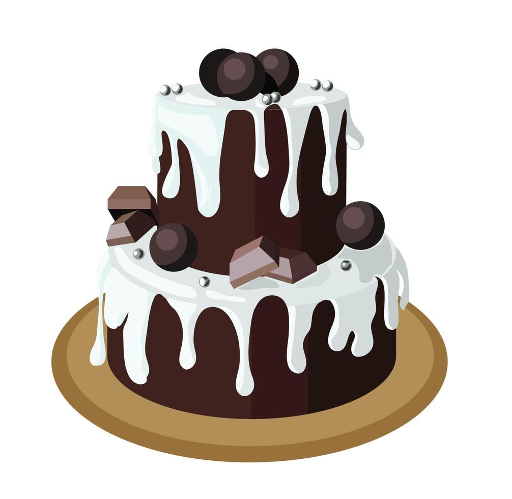Large two-tiered brownie chocolate cake garnished with white ganache, chocolates and silver sugar balls. Stock vector illustration isolated on a white background.