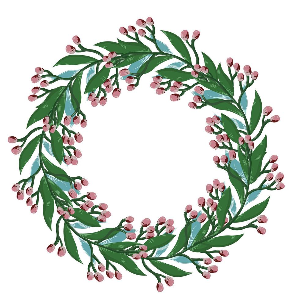 Wreath. Twig with pink flowers, green and blue leaves for the holiday, wedding, birthday. Vector stock illustration isolated on white background.