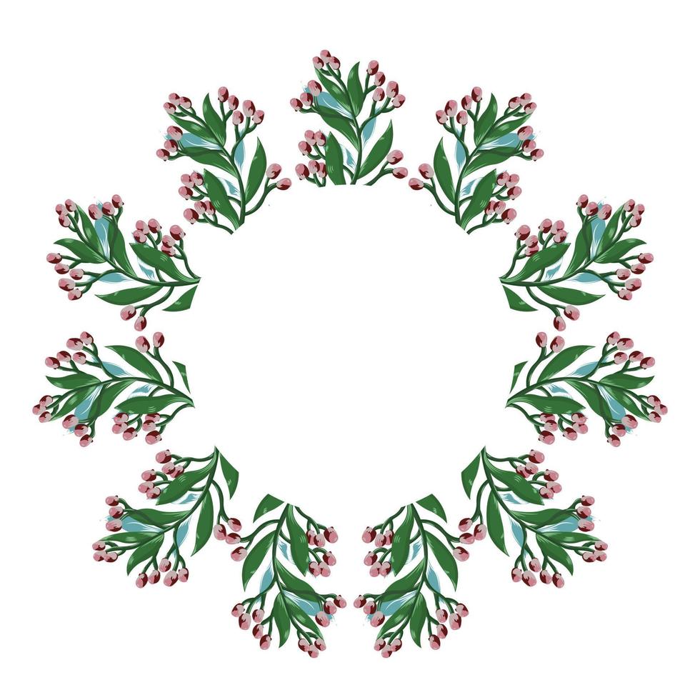 Wreath. Twig with pink flowers, green and blue leaves for the holiday, wedding, birthday. Vector stock illustration isolated on white background.