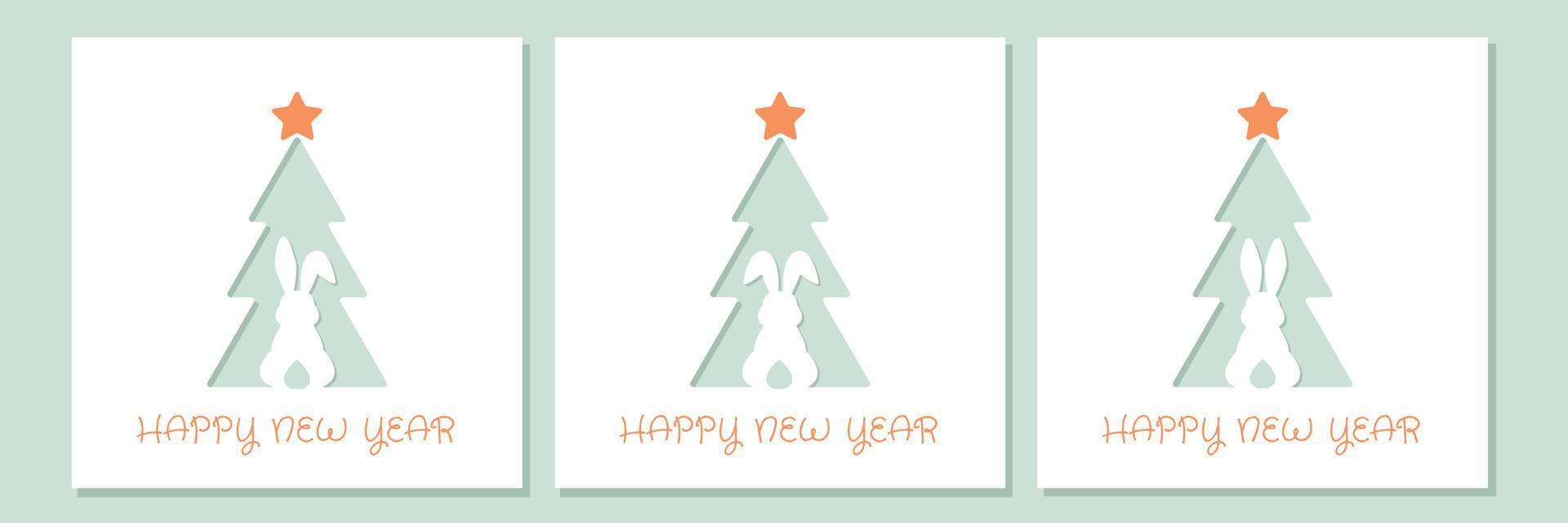 New Year card template in paper cut style. Rabbit on the background of the Christmas tree. vector
