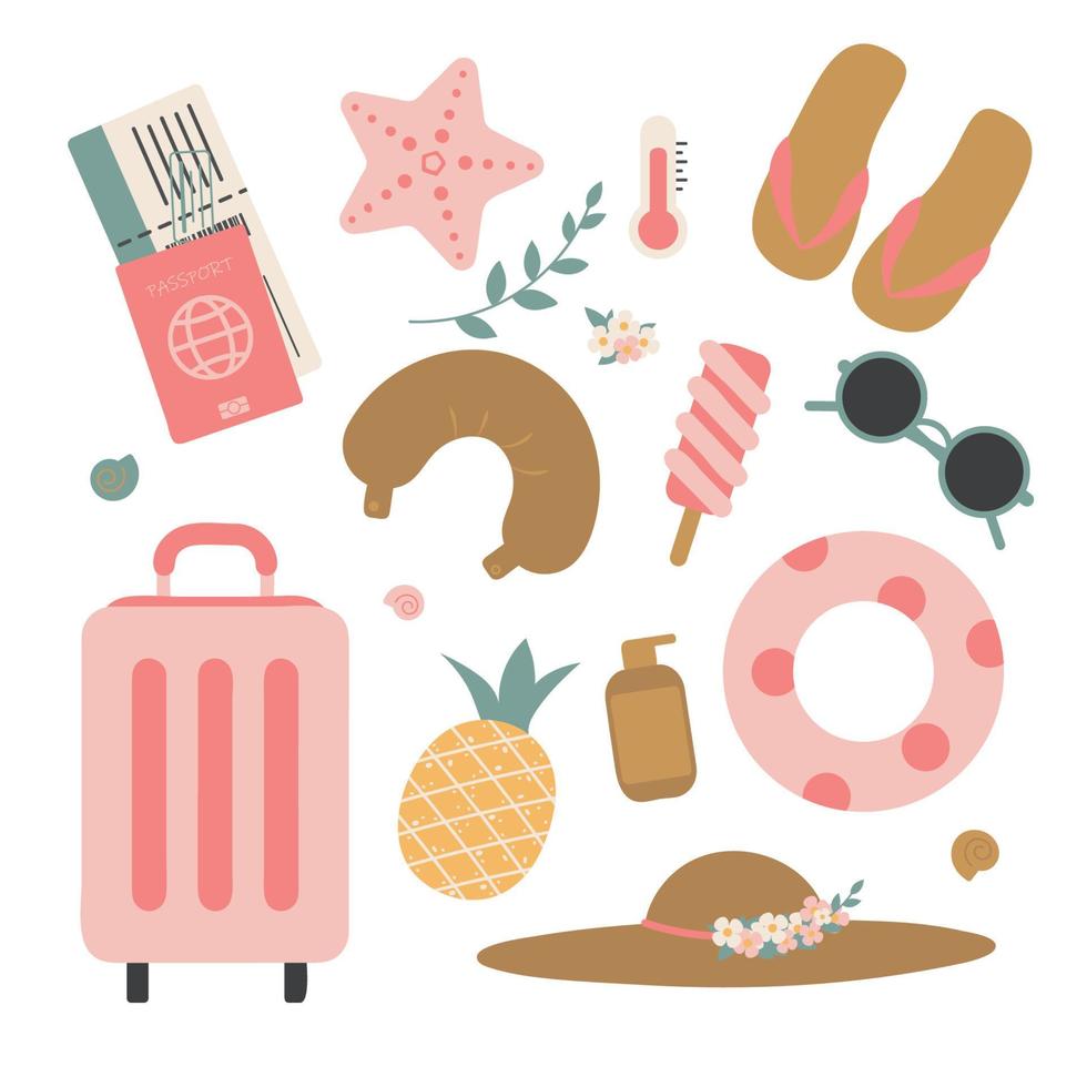 Beach stuff for summer travel set. Vacation accessories for sea holidays. Female items. Flat vector illustrations isolated on white background