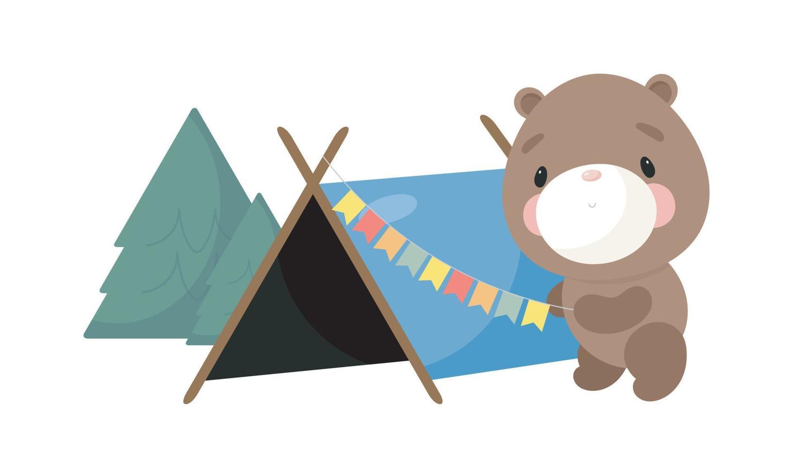 Cute bear hangs a garland on the tent. Cartoon style. Vector illustration. For card, posters, banners, books, printing on the pack, printing on clothes, textile or dishes.