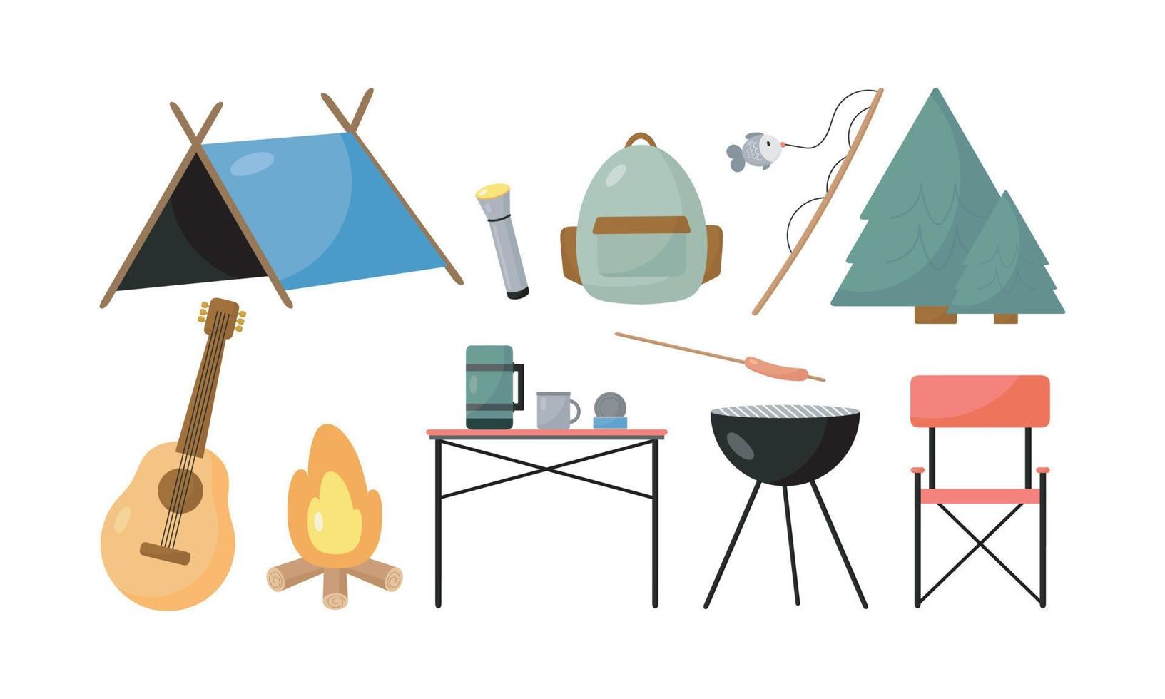 conjunto vectorial de elementos de camping. ilustración en estilo de dibujos animados. vector