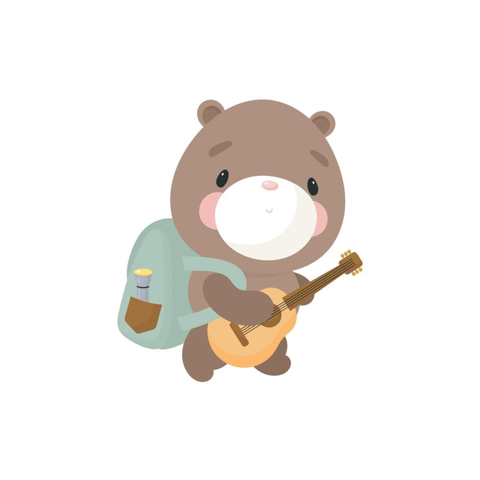 Cute bear with backpack and guitar. Cartoon style. Vector illustration. For card, posters, banners, books, printing on the pack, printing on clothes, textile or dishes.