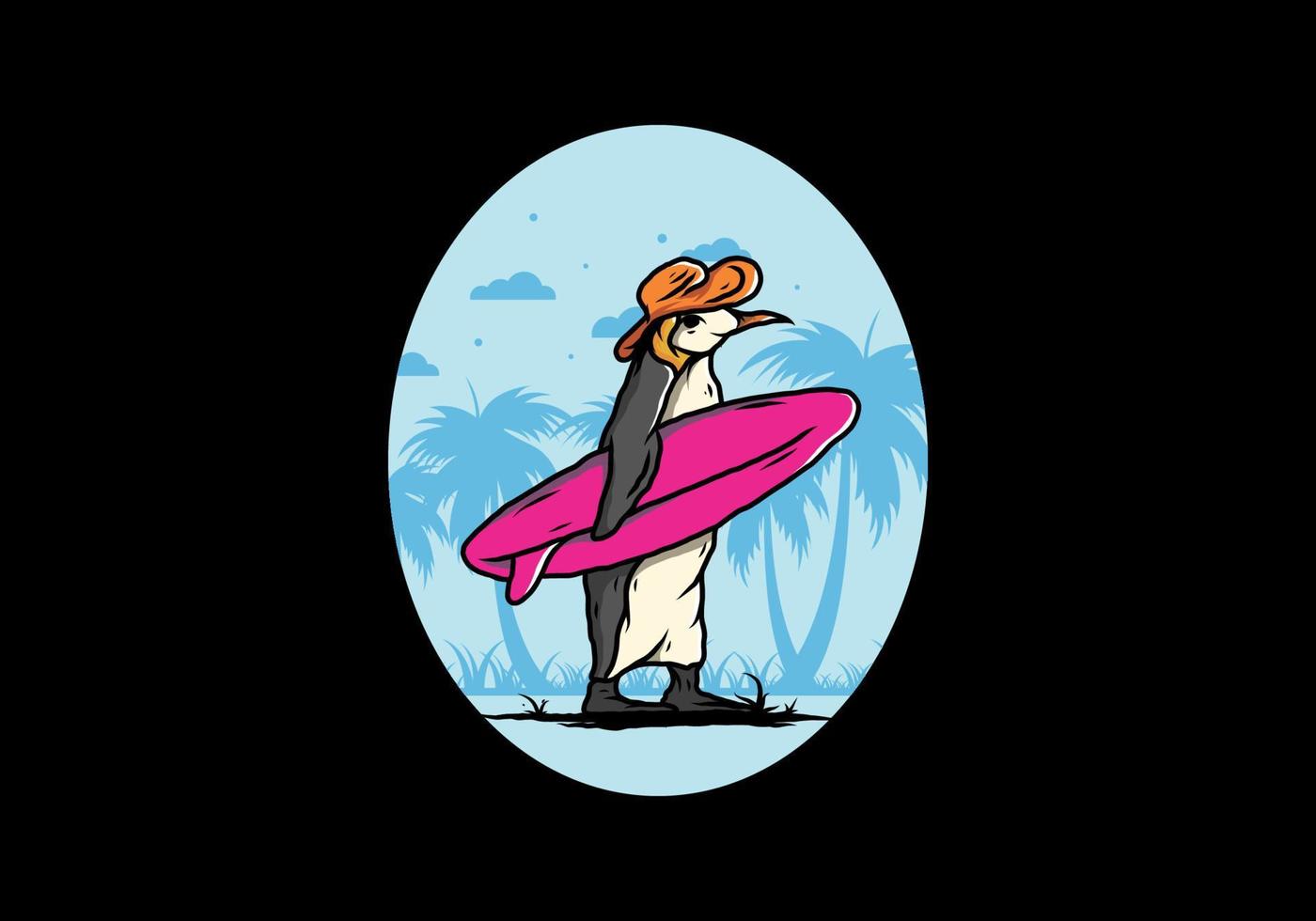 pingüino lindo que lleva una tabla de surf en la ilustración de la playa vector