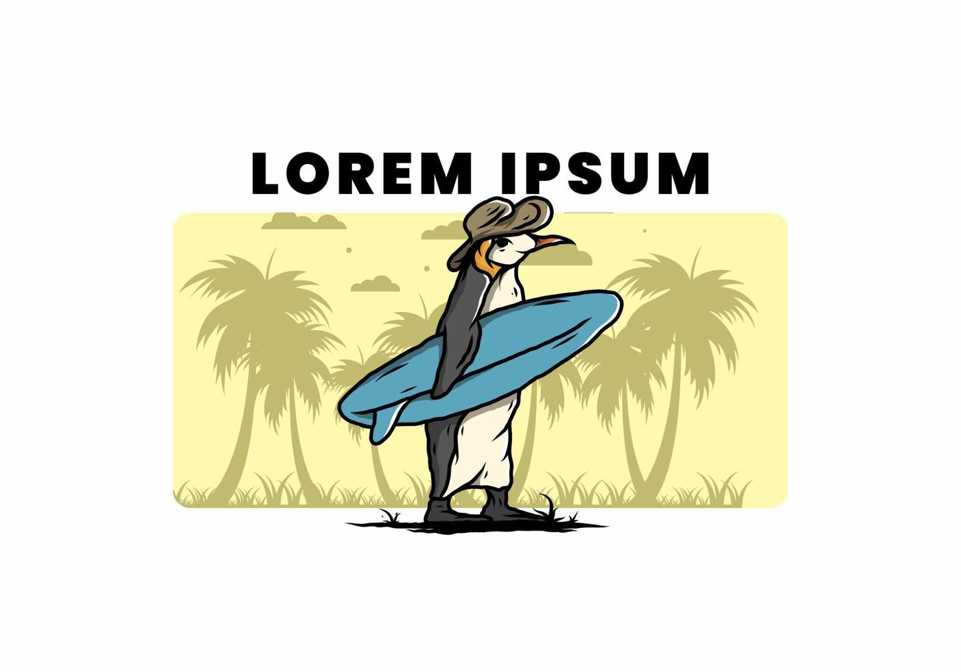Cute penguin carrying a surfboard on the beach illustration vector