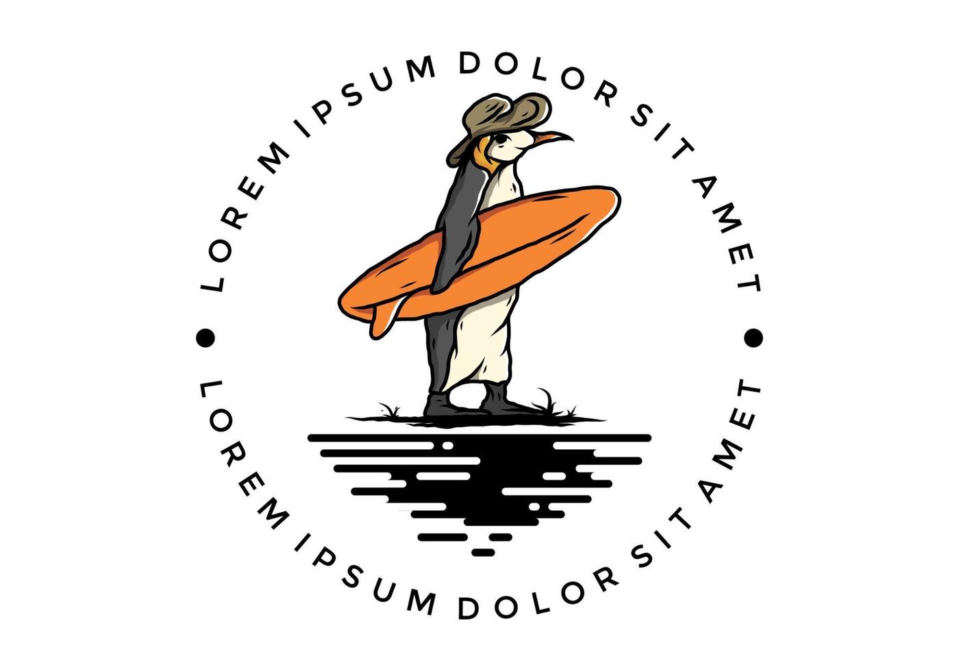Cute penguin carrying a surfboard on the beach illustration vector