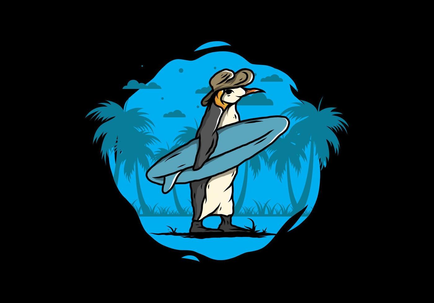 Cute penguin carrying a surfboard on the beach illustration vector
