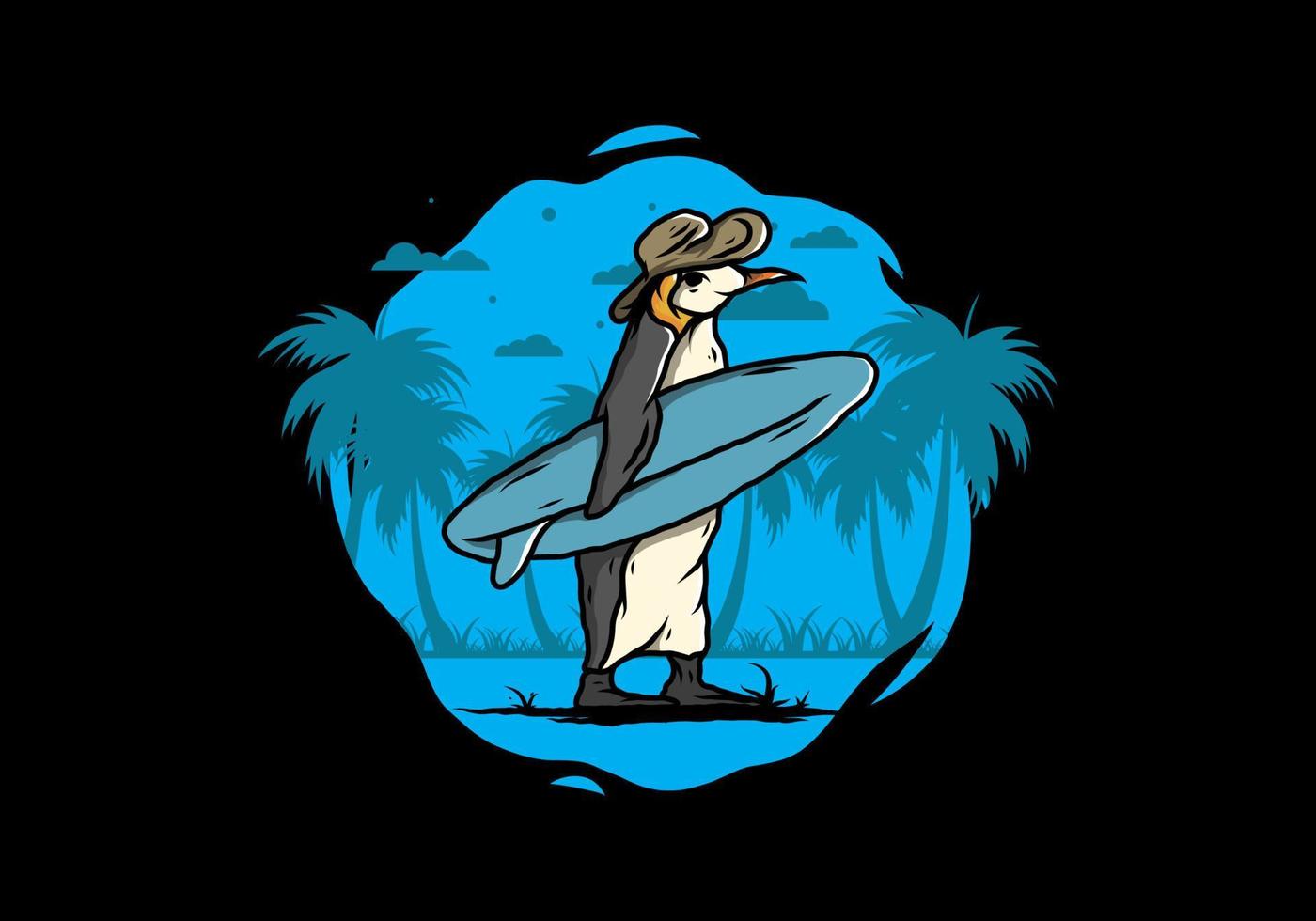 pingüino lindo que lleva una tabla de surf en la ilustración de la playa vector