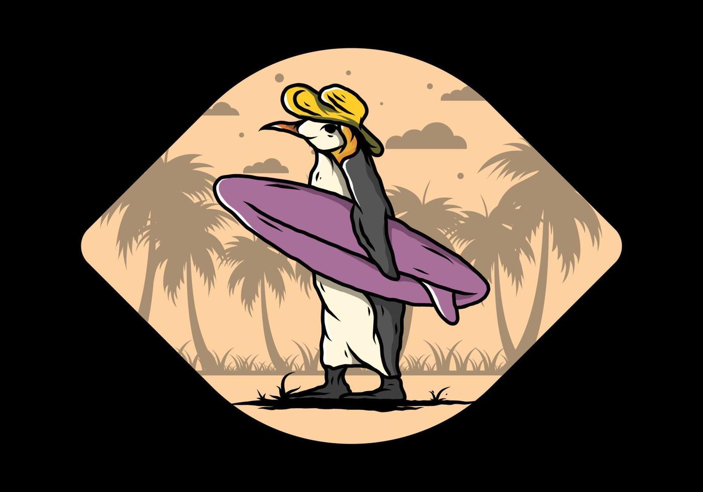 pingüino lindo que lleva una tabla de surf en la ilustración de la playa vector