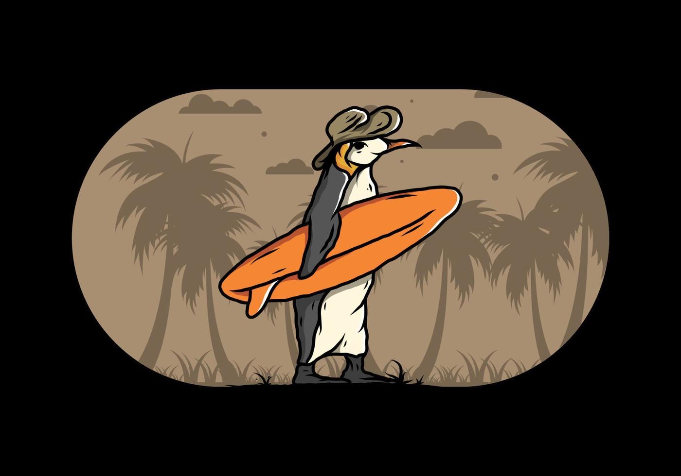 pingüino lindo que lleva una tabla de surf en la ilustración de la playa vector