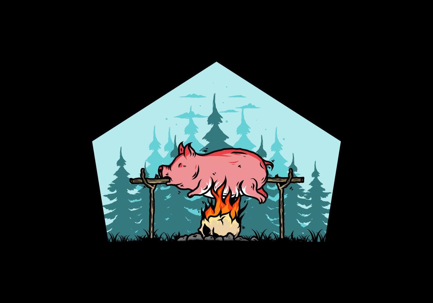 asado de cerdo en el fuego, diseño de ilustraciones vector