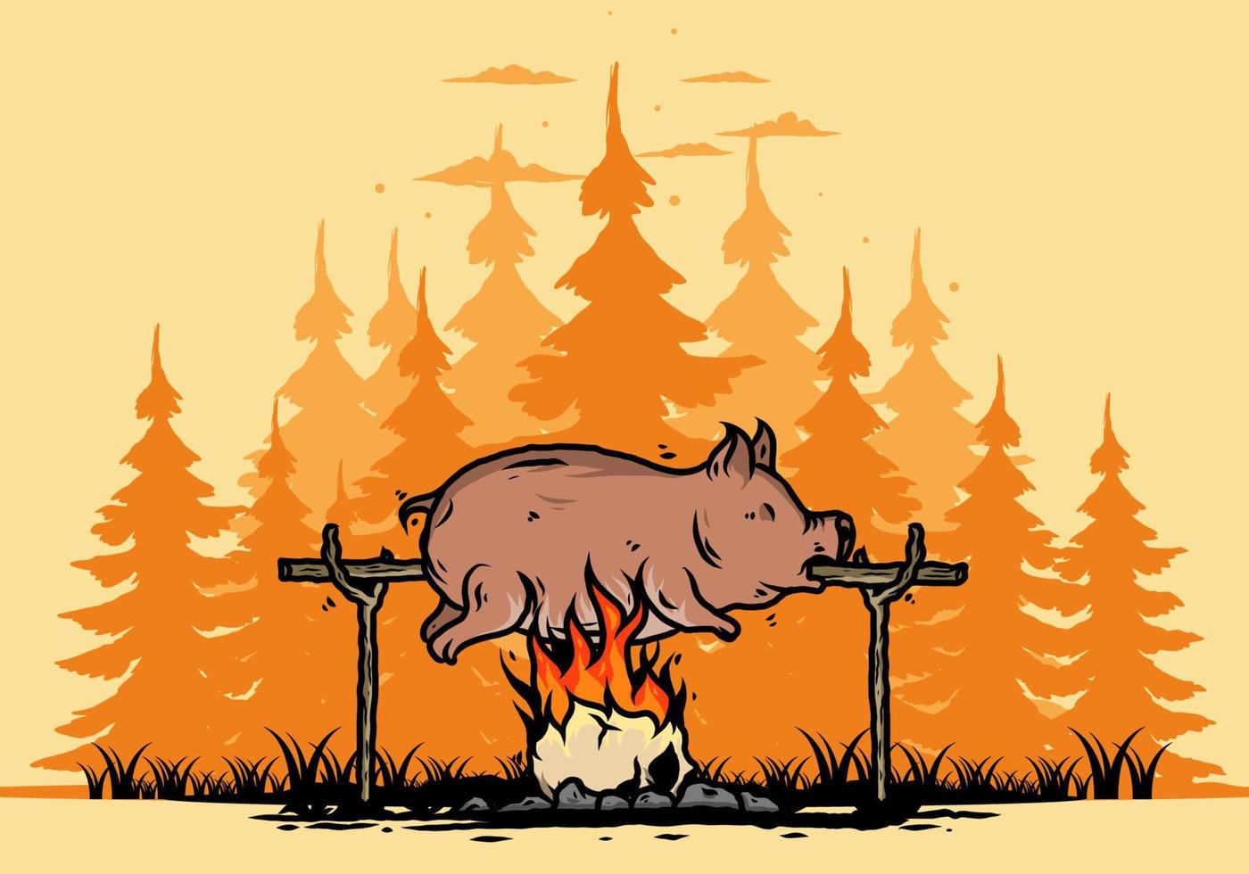 asado de cerdo en el fuego, diseño de ilustraciones vector