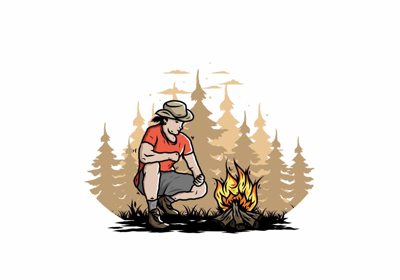 A man is lighting a bonfire illustration vector