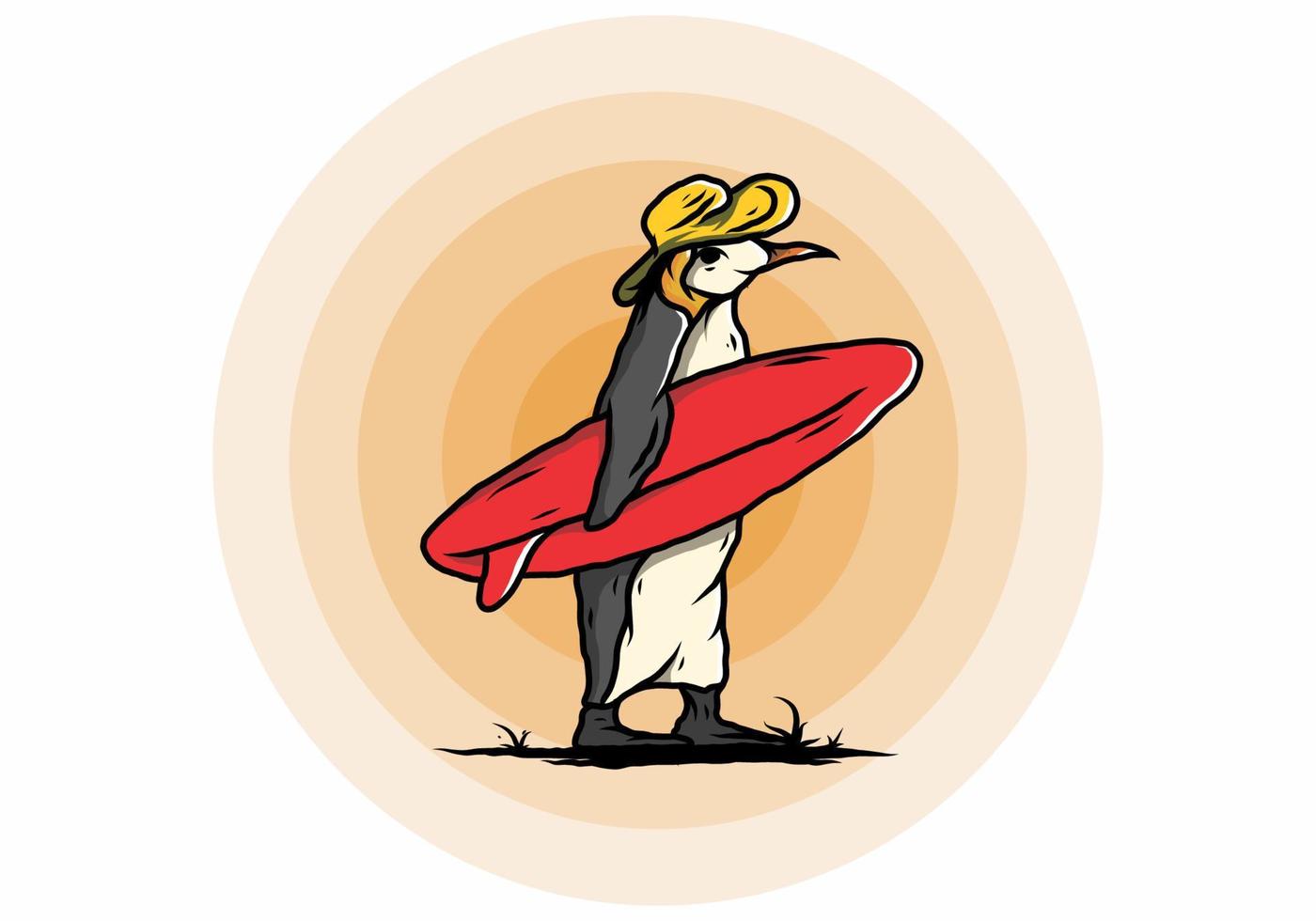 pingüino lindo que lleva una tabla de surf en la ilustración de la playa vector