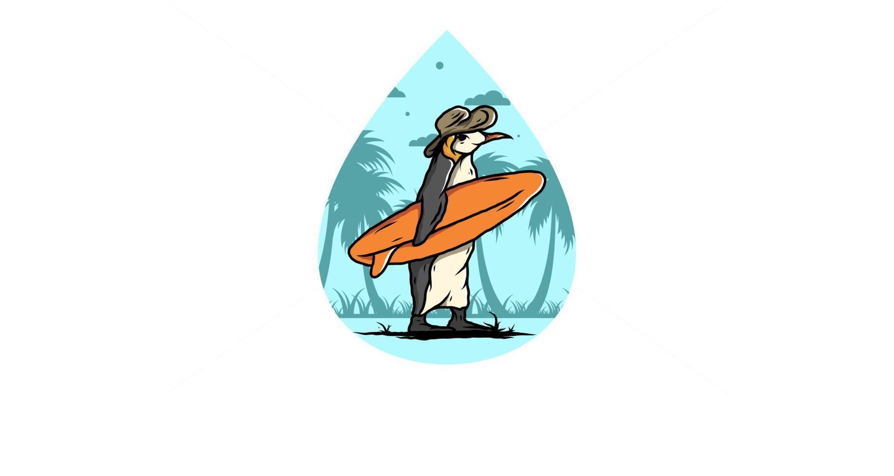 pingüino lindo que lleva una tabla de surf en la ilustración de la playa vector