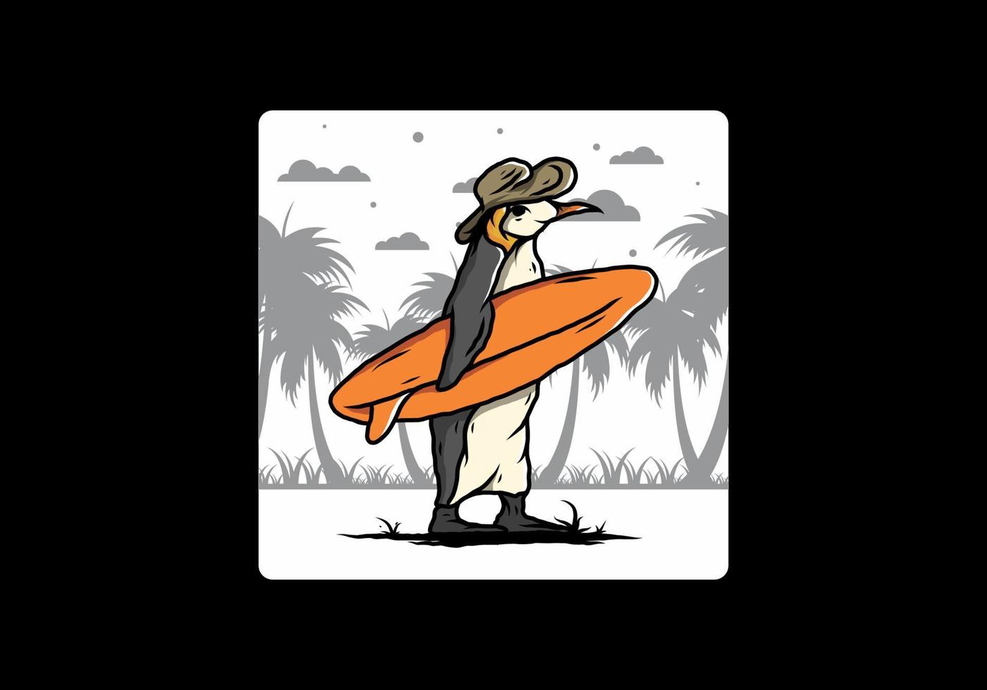 pingüino lindo que lleva una tabla de surf en la ilustración de la playa vector