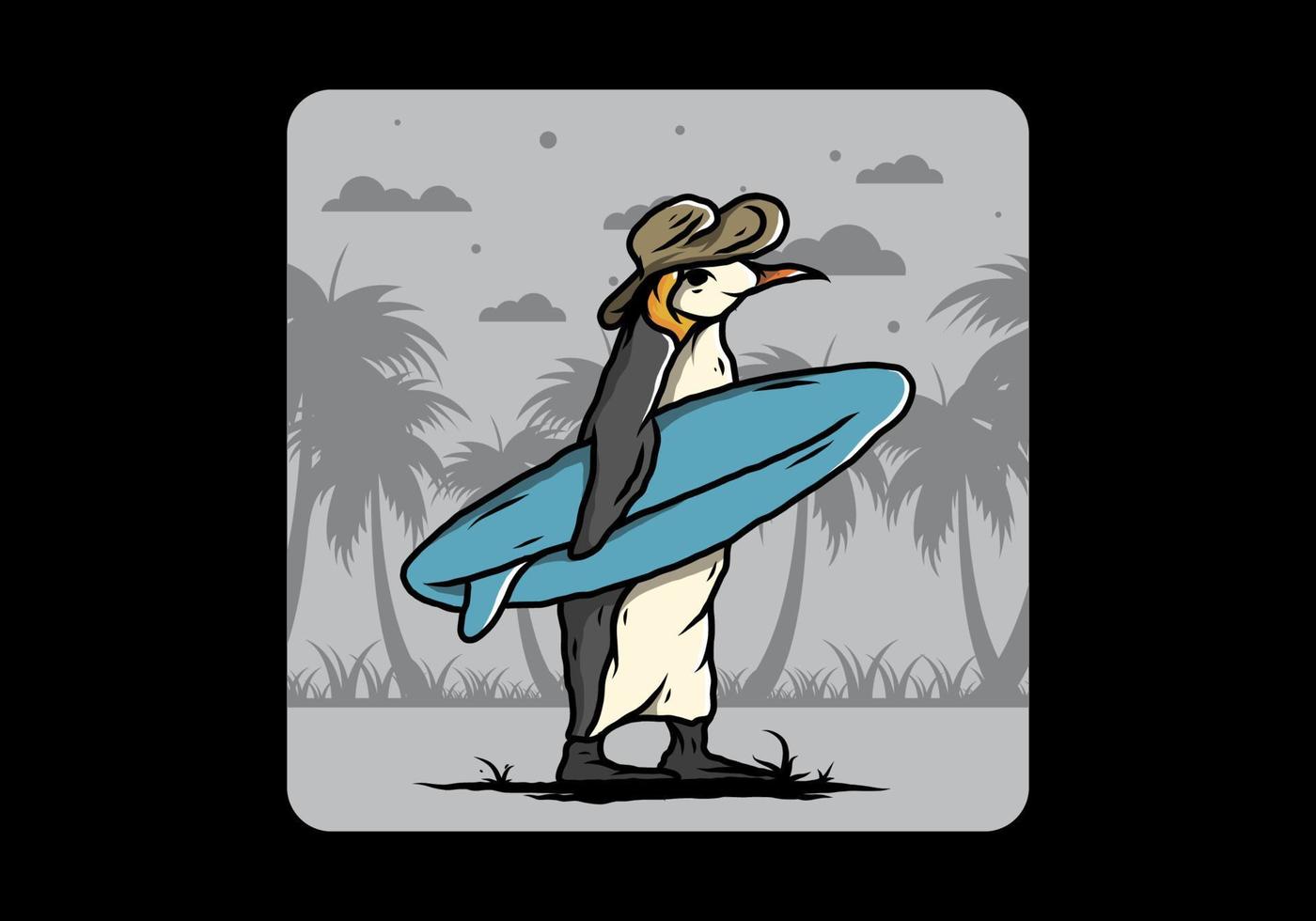 pingüino lindo que lleva una tabla de surf en la ilustración de la playa vector