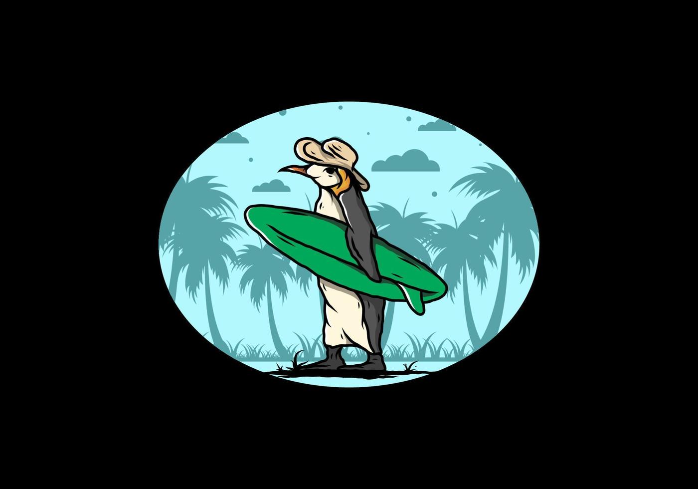 Cute penguin carrying a surfboard on the beach illustration vector