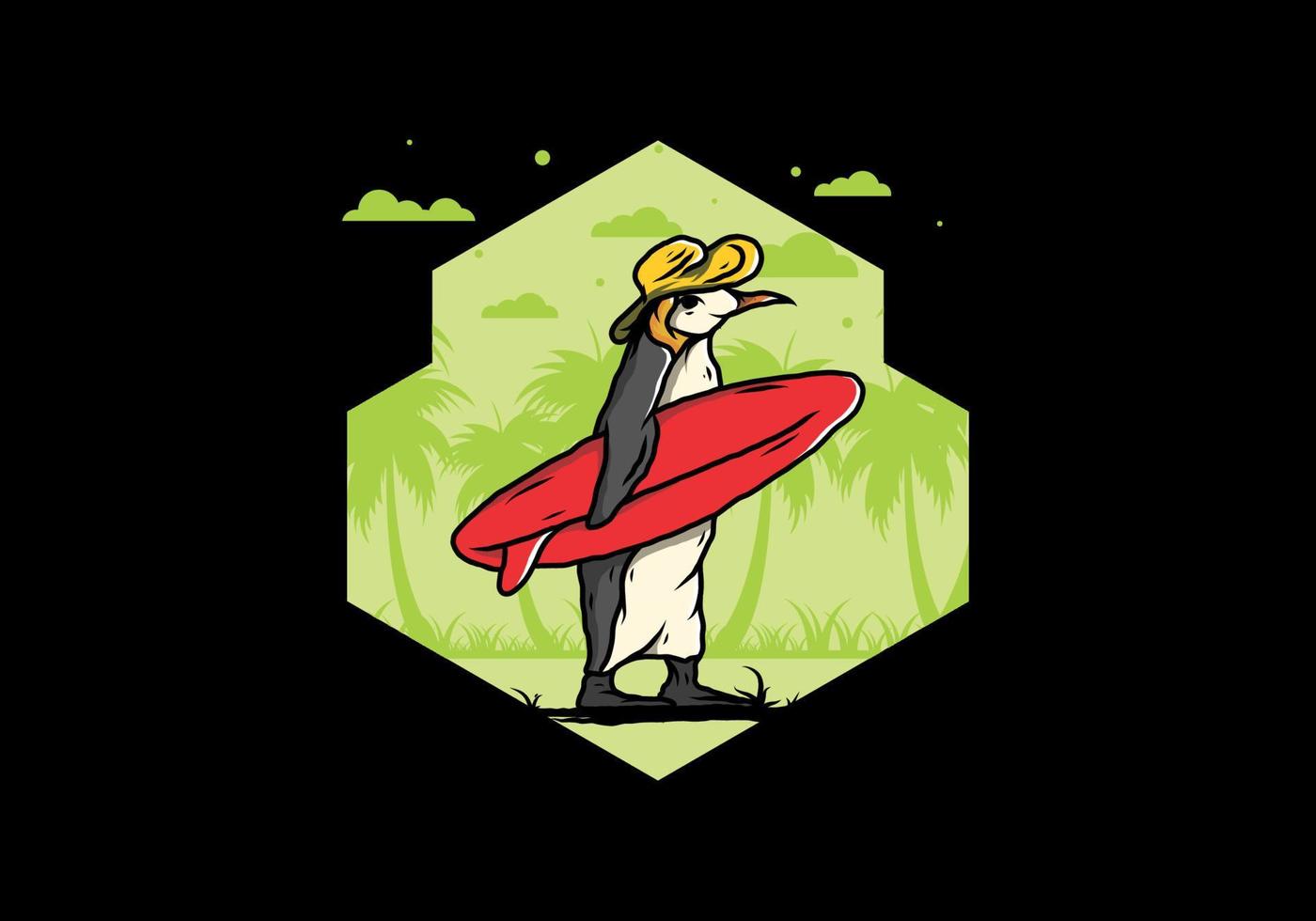 Cute penguin carrying a surfboard on the beach illustration vector