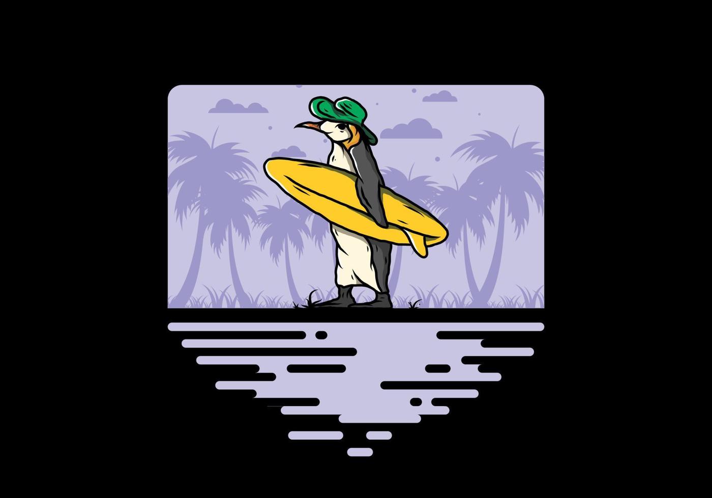 pingüino lindo que lleva una tabla de surf en la ilustración de la playa vector