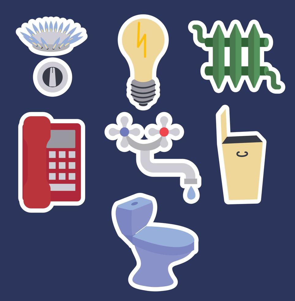 A set of stickers on the theme of utility bills. Gas, electricity, water supply, sewerage, heating, telephone communication, garbage disposal. Vector stock illustration.