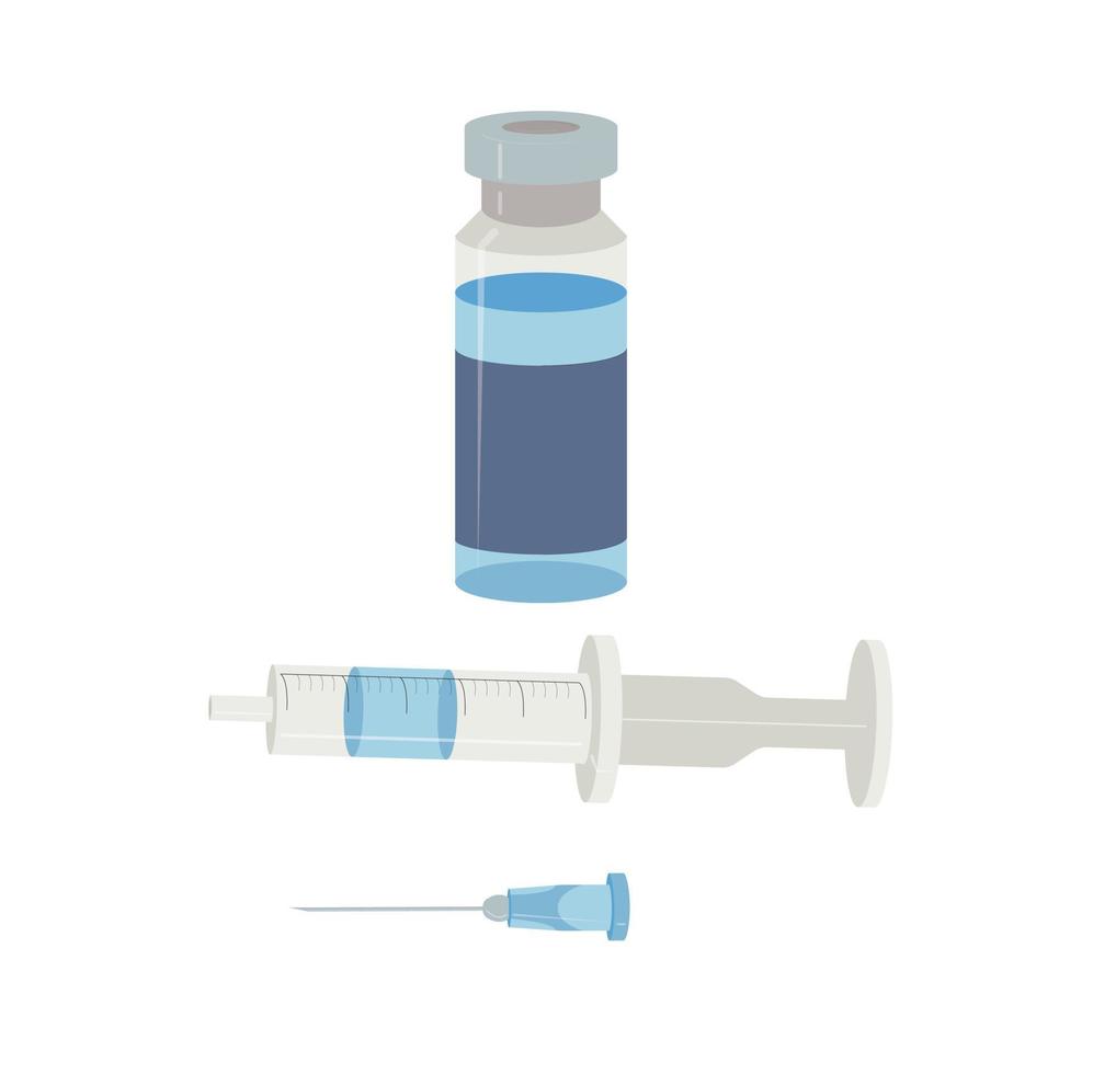 Glass bottle with vaccine, medicinal preparation in liquid form. disposable syringe and needle. Vector stock illustration isolated on white background.