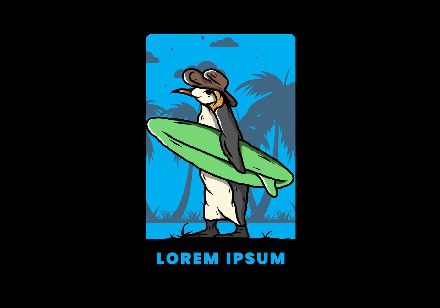 Cute penguin carrying a surfboard on the beach illustration vector