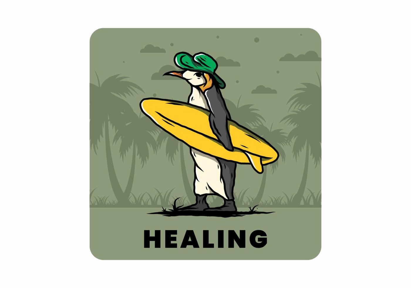 Cute penguin carrying a surfboard on the beach illustration vector