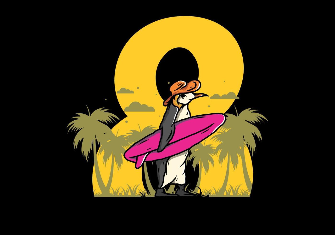 pingüino lindo que lleva una tabla de surf en la ilustración de la playa vector