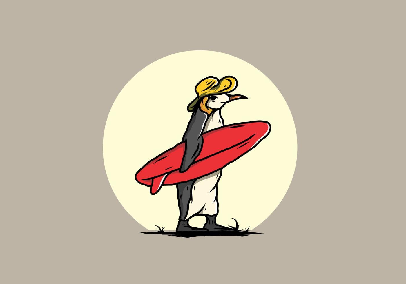 pingüino lindo que lleva una tabla de surf en la ilustración de la playa vector