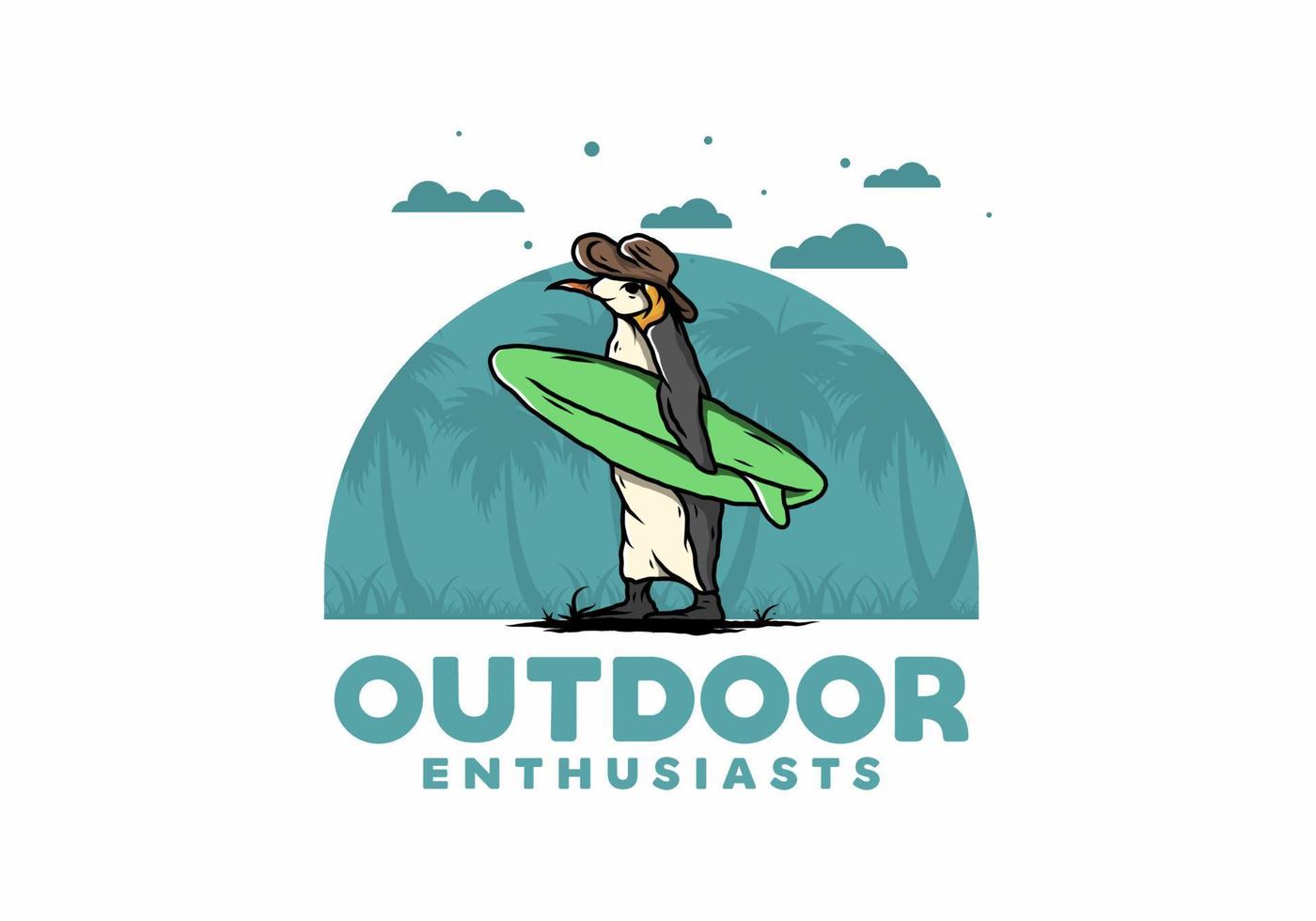Cute penguin carrying a surfboard on the beach illustration vector