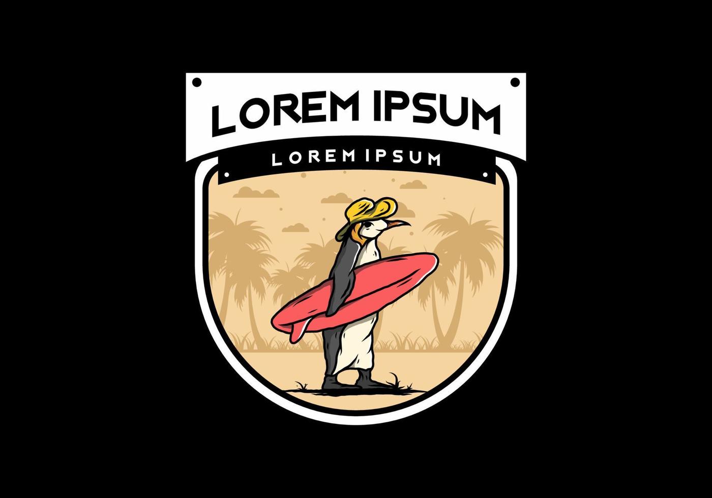 Cute penguin carrying a surfboard on the beach illustration vector