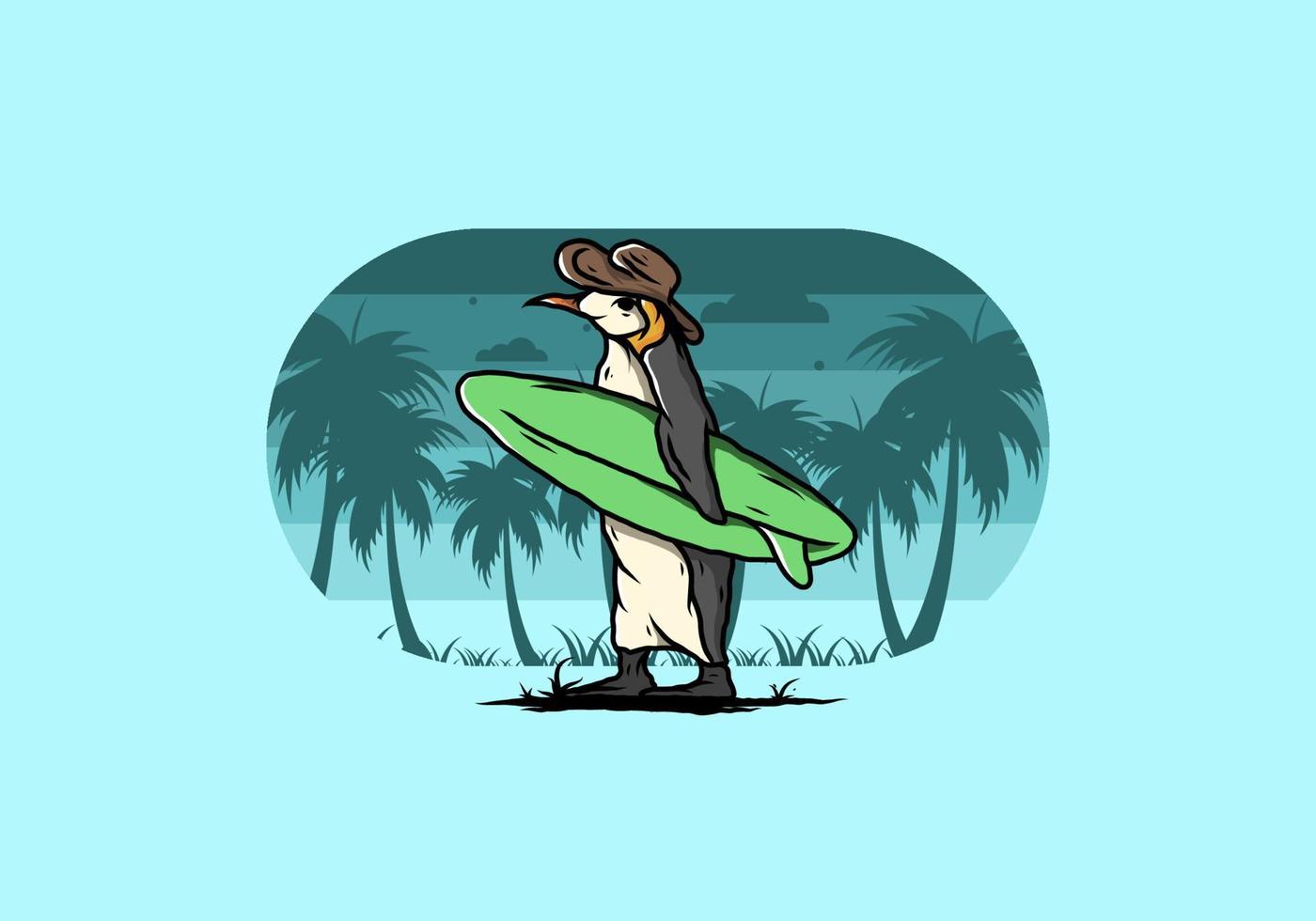 Cute penguin carrying a surfboard on the beach illustration vector