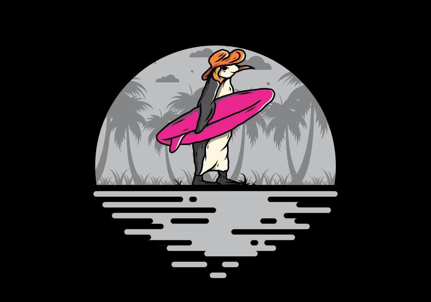 pingüino lindo que lleva una tabla de surf en la ilustración de la playa vector