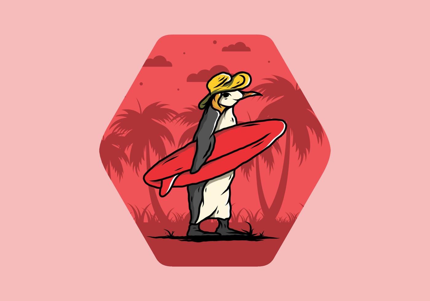 Cute penguin carrying a surfboard on the beach illustration vector