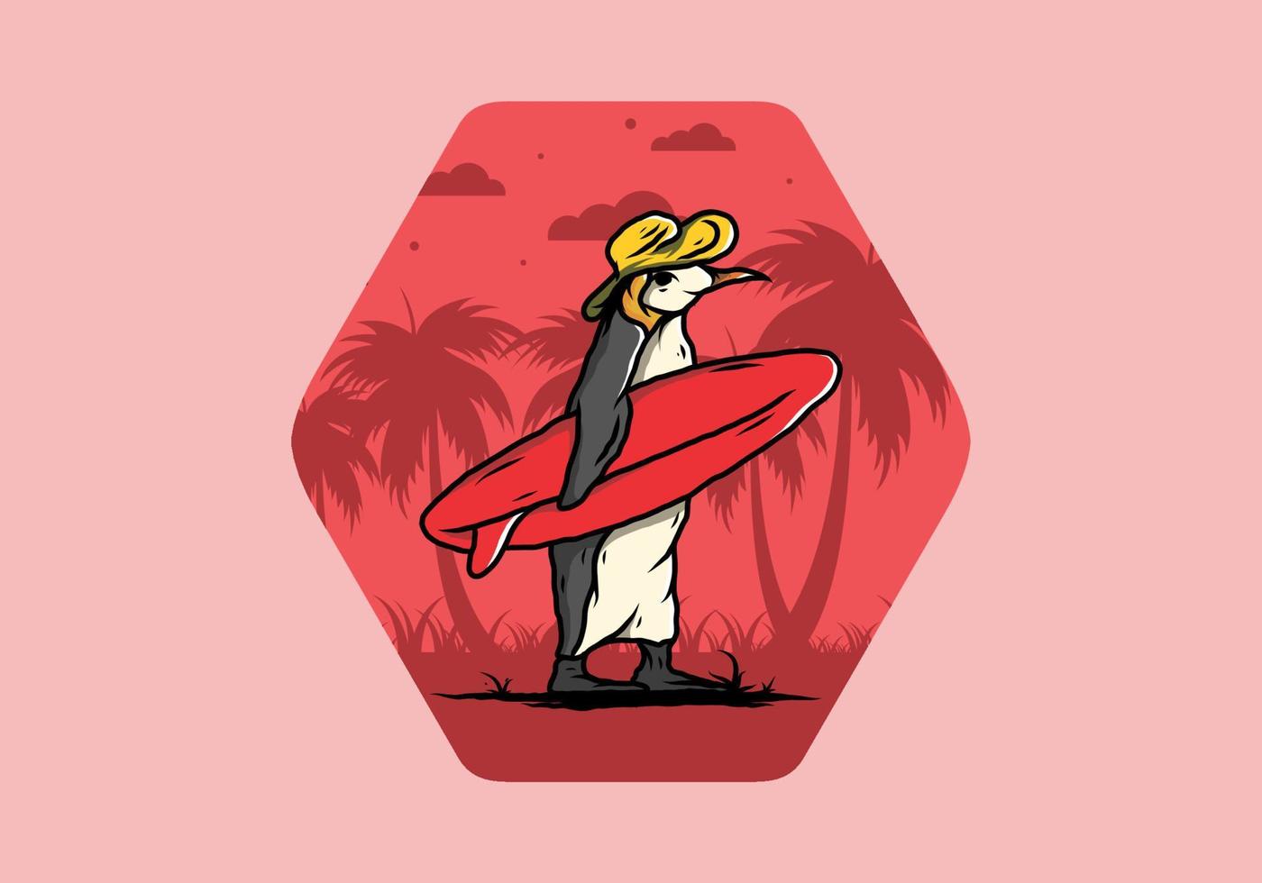 pingüino lindo que lleva una tabla de surf en la ilustración de la playa vector