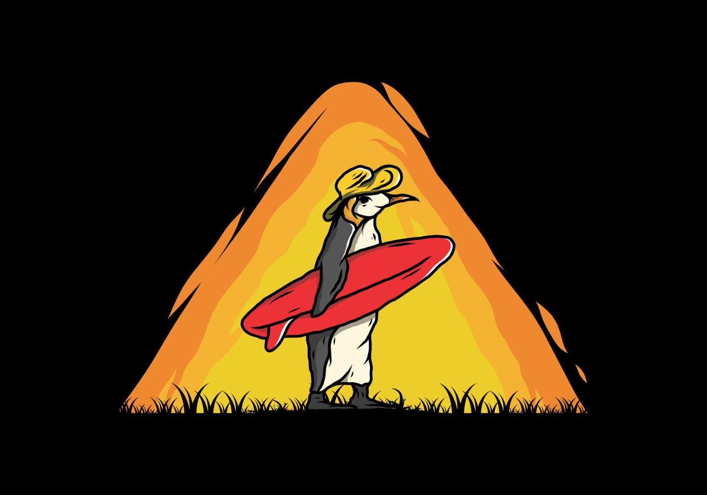 Cute penguin carrying a surfboard on the beach illustration vector