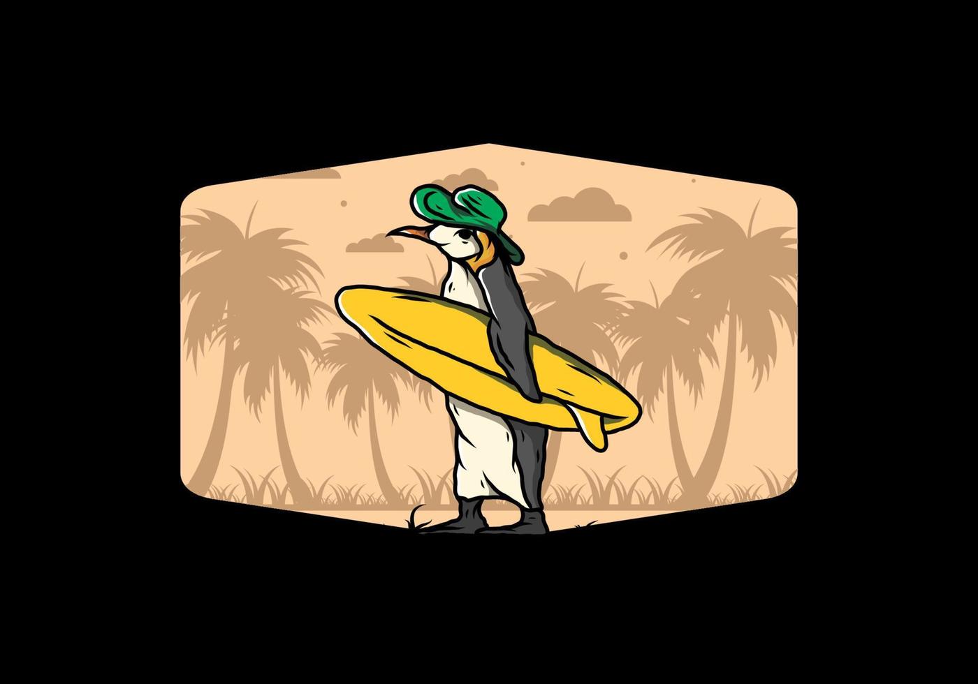 pingüino lindo que lleva una tabla de surf en la ilustración de la playa vector