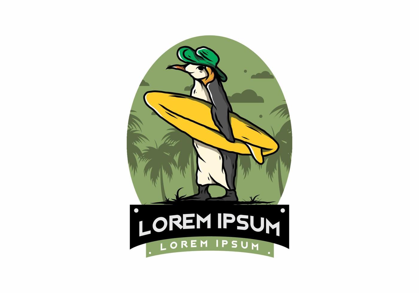 Cute penguin carrying a surfboard on the beach illustration vector