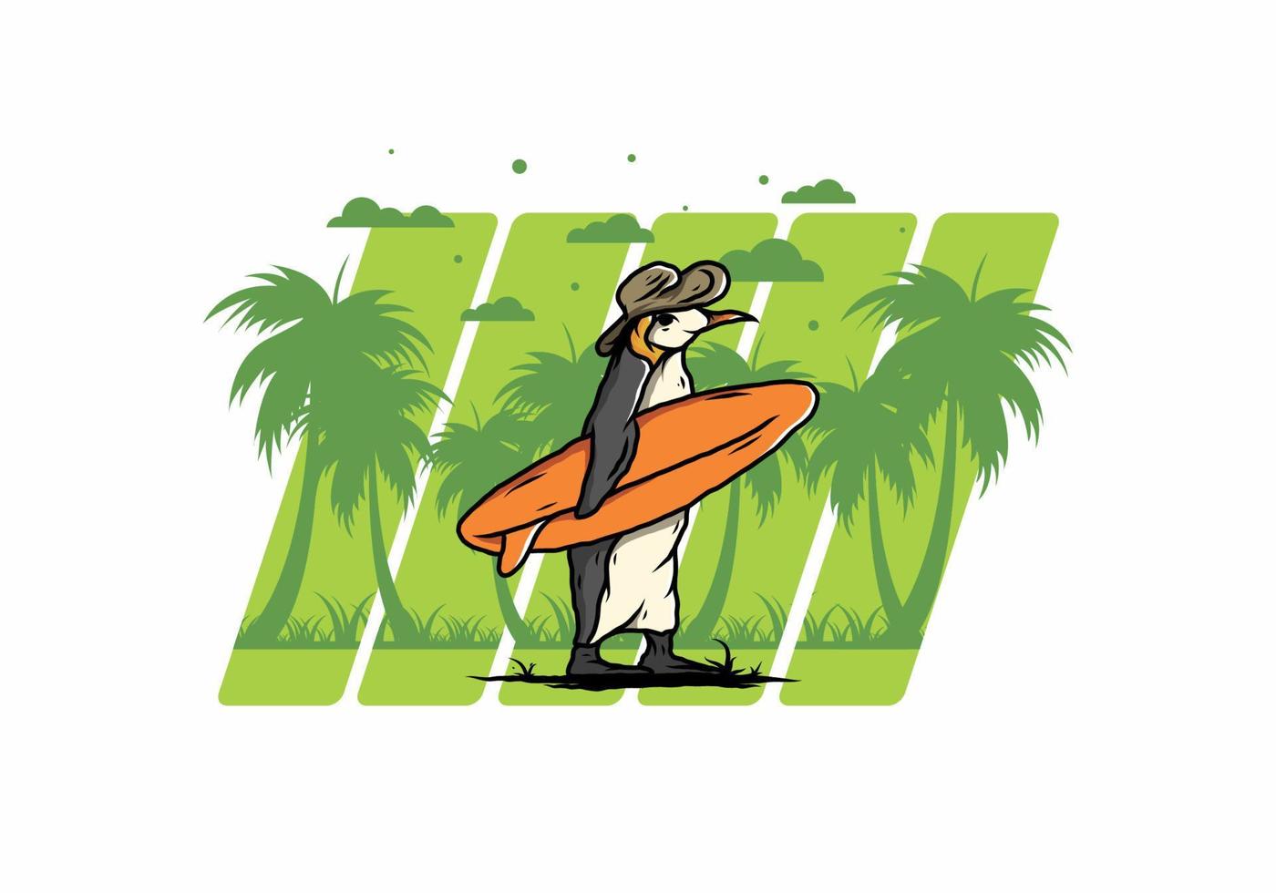 pingüino lindo que lleva una tabla de surf en la ilustración de la playa vector