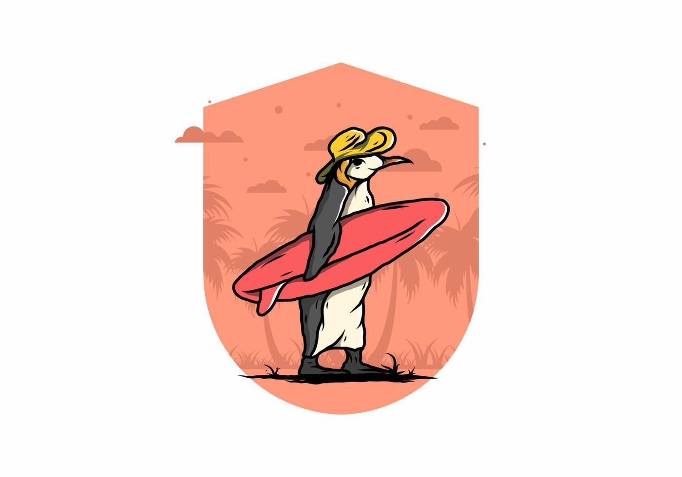 pingüino lindo que lleva una tabla de surf en la ilustración de la playa vector