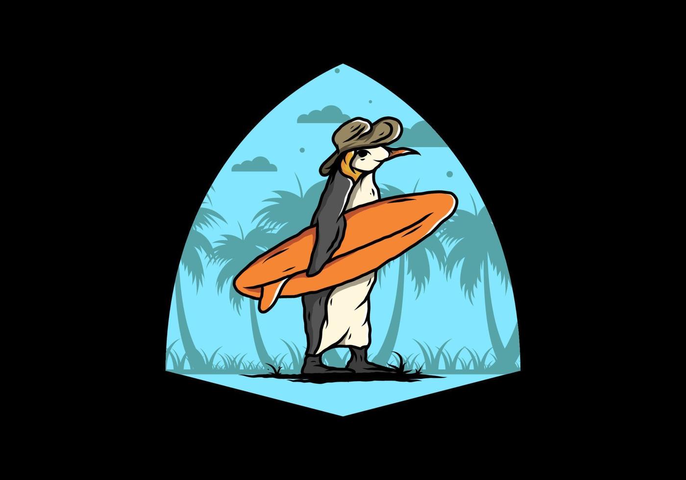 Cute penguin carrying a surfboard on the beach illustration vector